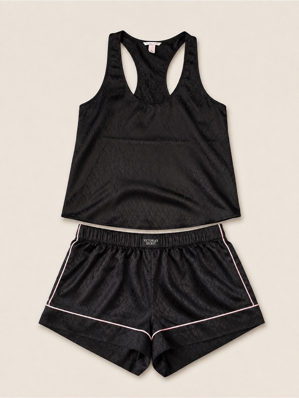 Victoria’s Secret Black Satin Jacquard Pajama Set Tank Shorts Small VS Logo
